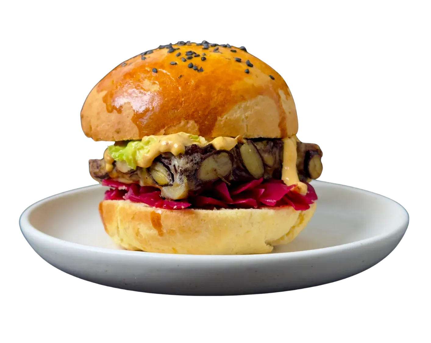 Käferbohnen Tempeh Burger am Teller ohne Hintergrund