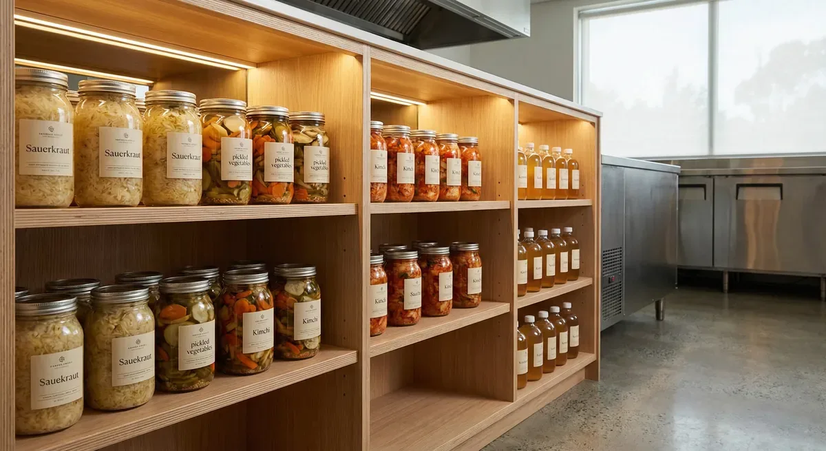 B2B product display – fermented products in professional packaging on shelf in commercial kitchen