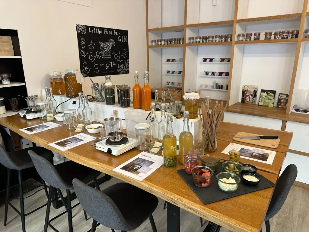 Kombucha workshop – workstations with SCOBYs, teas, and flavoring ingredients